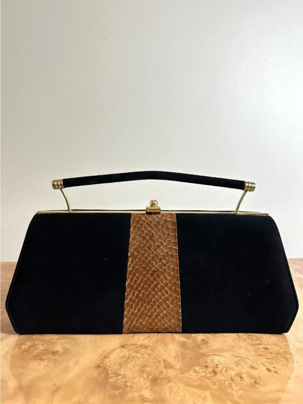 Vintage Town & Country Black Suede Clutch Python Snakeskin Trim Gold Frame MCM